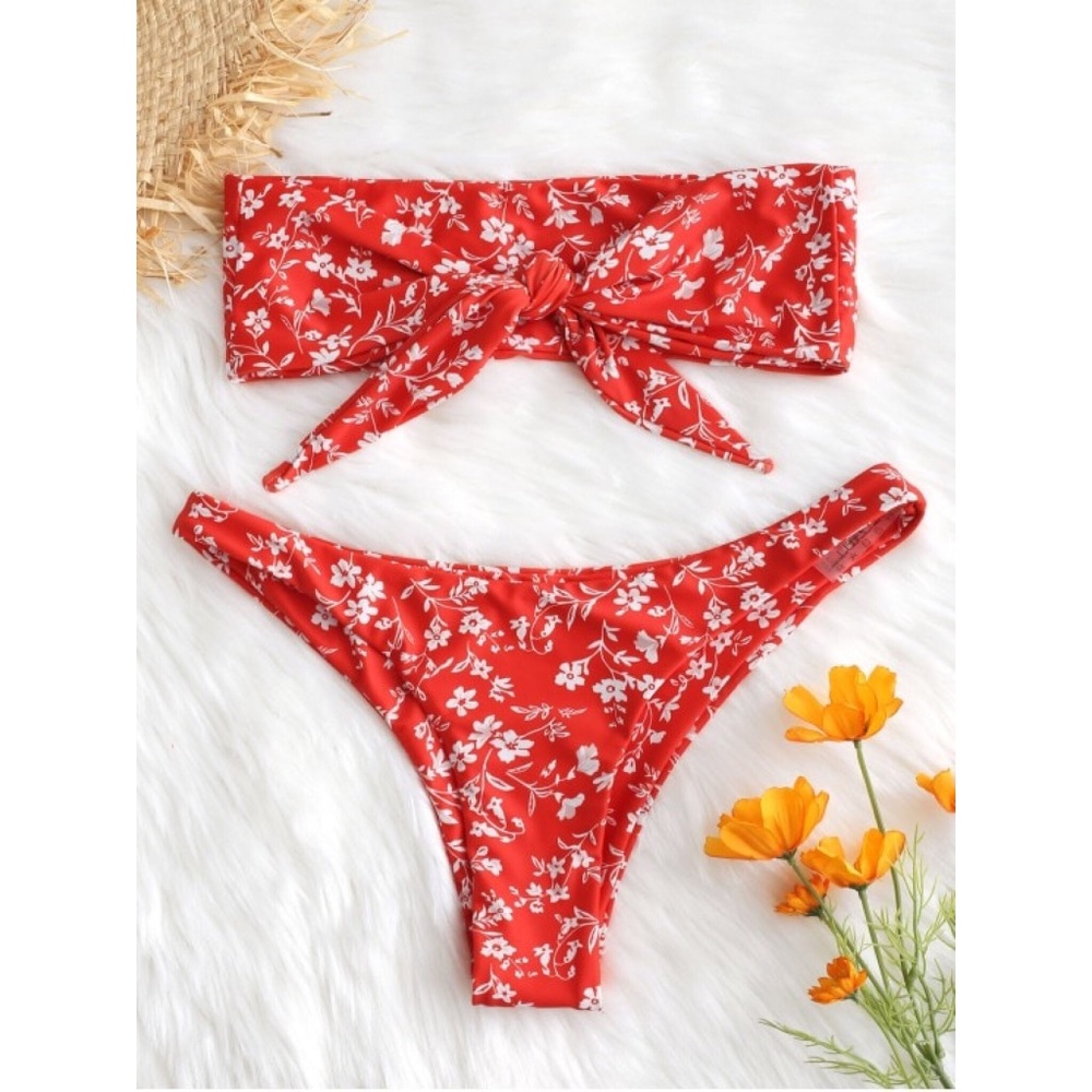 Bandeau Tie Front Red Floral Cheeky Bikini